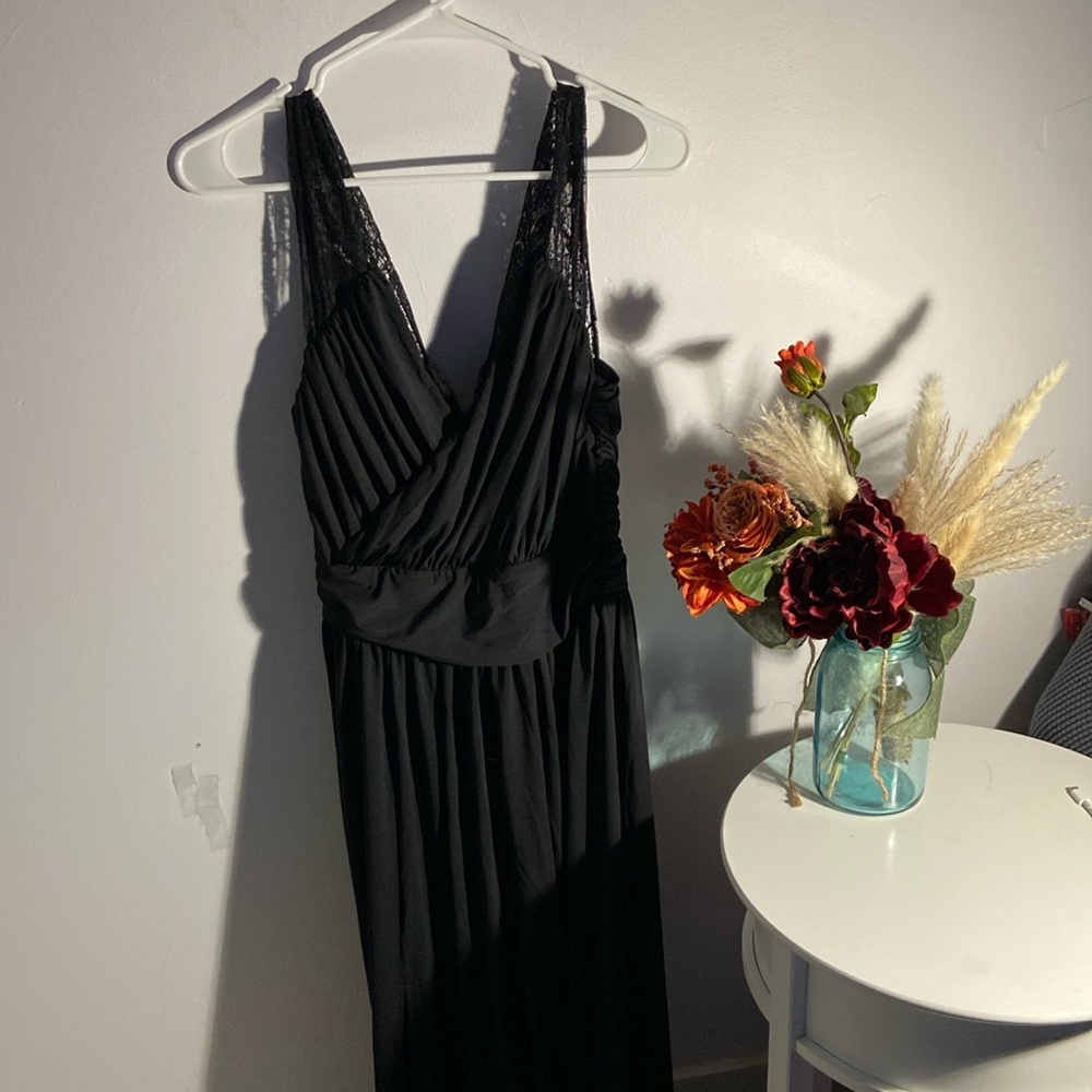 NWOT Surplice Neck Spliced Lace Split Maxi Beautiful Long Black Dress
